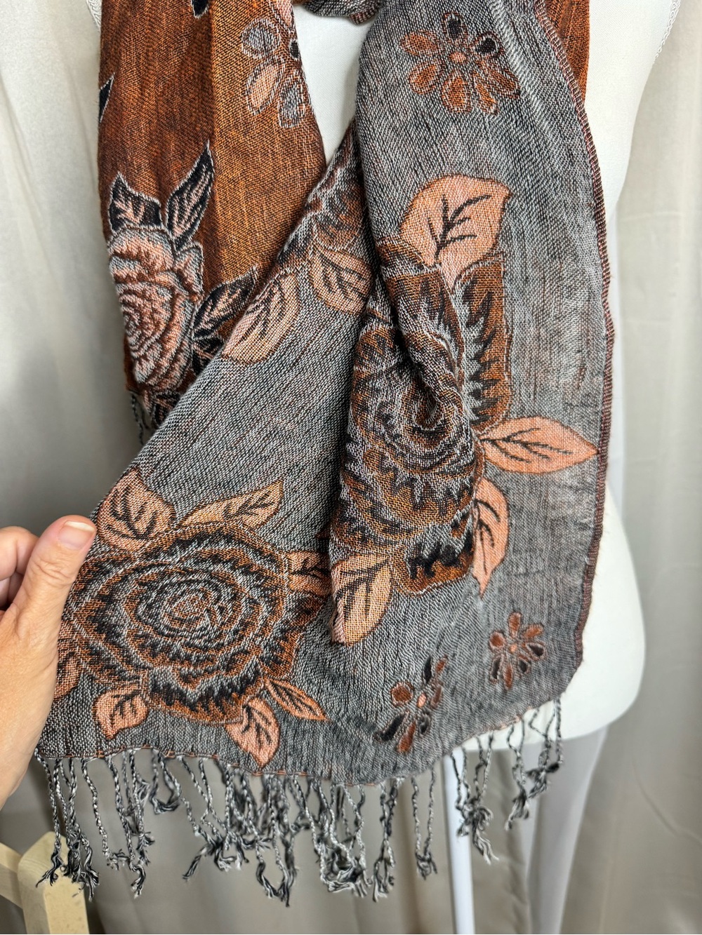 Reversible Floral Fringe Scarf Brown Gray Wrap Shawl 28x72 Boho - Picture 6 of 12